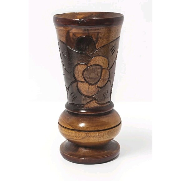 Vintage Boho Tiki Style Hand-Carved Wooden Floral Vase  9” Rustic Folk Art Decor - Picture 1 of 10